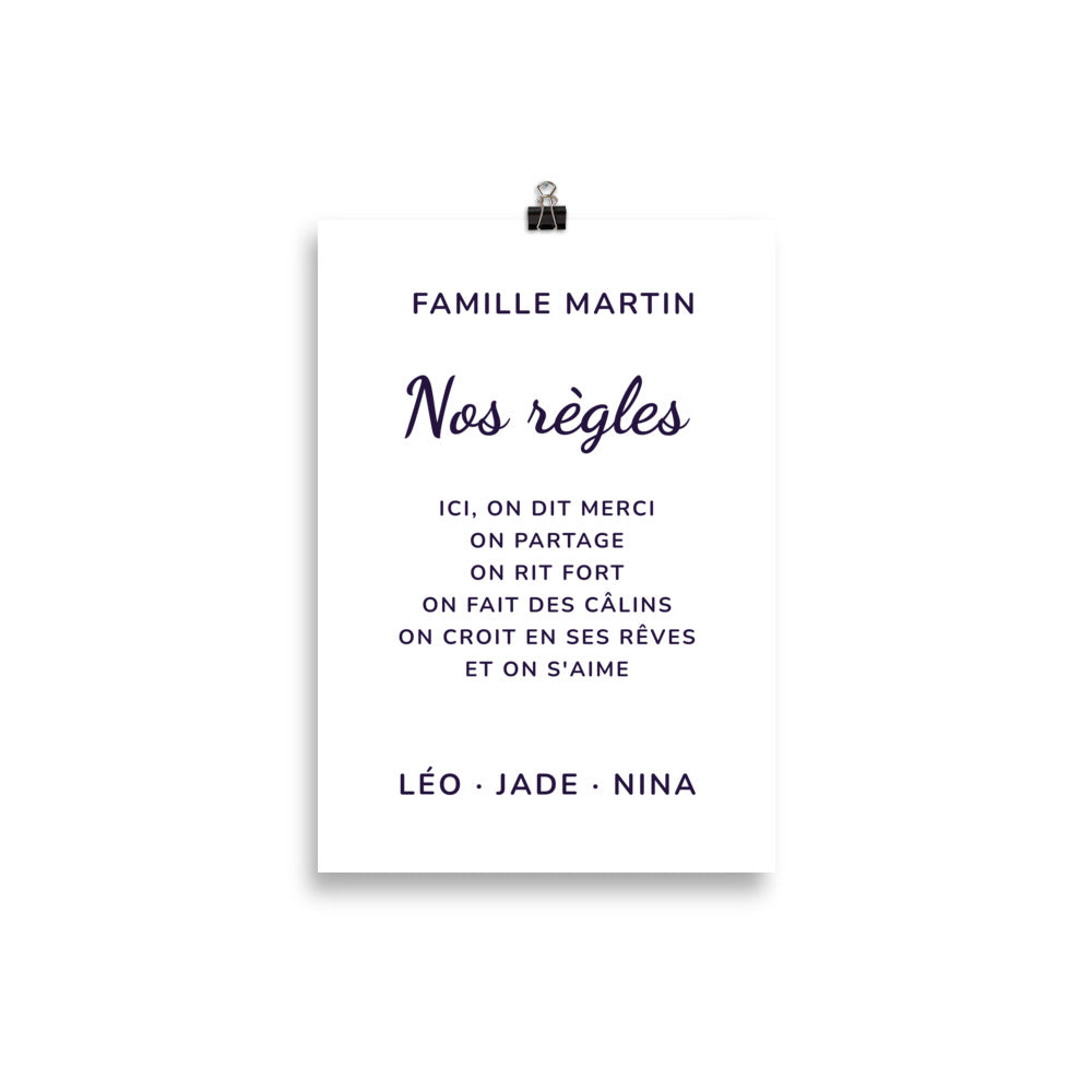 Affiche personnalisée « Les règles de la maison » avec votre nom de famille et vos prénoms