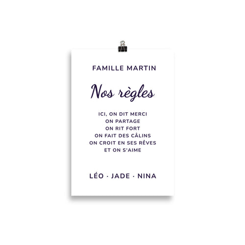 Affiche personnalisée « Les règles de la maison » avec votre nom de famille et vos prénoms